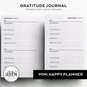 May include: A printable gratitude journal insert for a mini happy planner. The journal has sections for the date, what you are grateful for, someone you appreciate, something you learned, today's achievement, and reflecting on today.