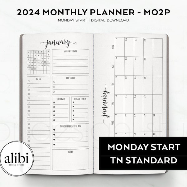 Standard TN 2024 Planner Monthly Planner 2024 Calendar Traveler’s Notebook Printable Inserts Midori Regular | MONDAY START