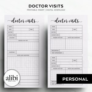 May include: Printable doctor visit tracker with sections for name, date, doctor, contact info, location, reason for visit, symptoms, notes and questions, prescription, next appointment. The tracker has a grid pattern and the text "doctor visits" is written in cursive.