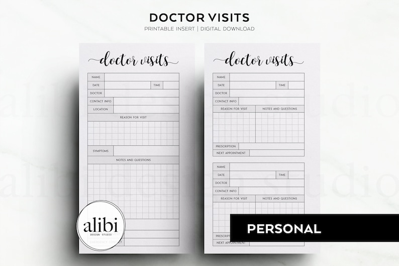 May include: Printable doctor visit tracker with sections for name, date, doctor, contact info, location, reason for visit, symptoms, notes and questions, prescription, next appointment. The tracker has a grid pattern and the text "doctor visits" is written in cursive.