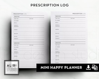 HP MINI Prescription Log Prescription Tracker Medical Information Planner MINI Happy Planner Printable Inserts Doctor Visits Health Planner