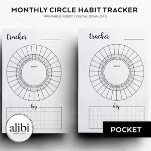 Può includere: Due pagine stampabili di tracciamento delle abitudini mensili a forma di cerchio con un design in bianco e nero. Ogni pagina ha un cerchio diviso in 31 sezioni per il tracciamento delle abitudini. Le pagine includono anche una sezione chiave con una griglia per registrare i dettagli delle abitudini. Il testo "tracker" e "key" è scritto in corsivo nero. Il testo "MONTHLY CIRCLE HABIT TRACKER" è scritto in carattere sans-serif nero. Il testo "PRINTABLE INSERT | DIGITAL DOWNLOAD" è scritto in carattere sans-serif nero. Il testo "POCKET" è scritto in carattere sans-serif nero. Il testo "alibi design studio" è scritto in carattere sans-serif nero.