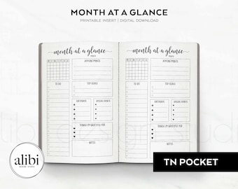 POCKET TN Monthly Planner Month at a Glance Pocket Traveler's Notebook Printable Inserts Refill Birthday Calendar and To Do List