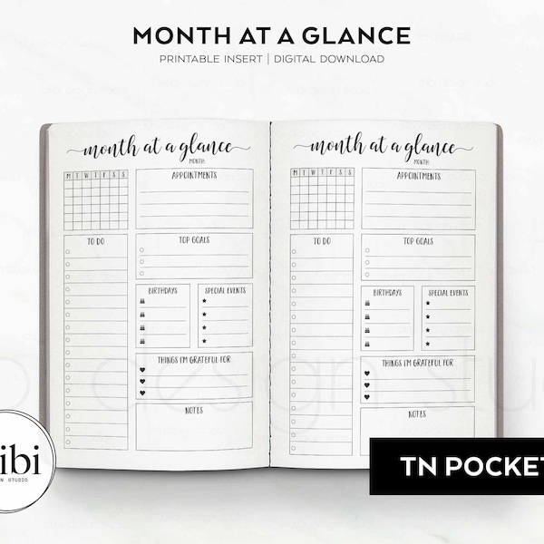 POCKET TN Monthly Planner Month at a Glance Pocket Traveler's Notebook Printable Inserts Refill Birthday Calendar and To Do List