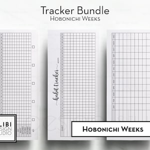 May include: A printable tracker bundle for Hobonichi Weeks planners. The bundle includes three trackers: a blank habit tracker, a monthly habit tracker, and a yearly habit tracker. The trackers are designed to be printed and used in a Hobonichi Weeks planner.