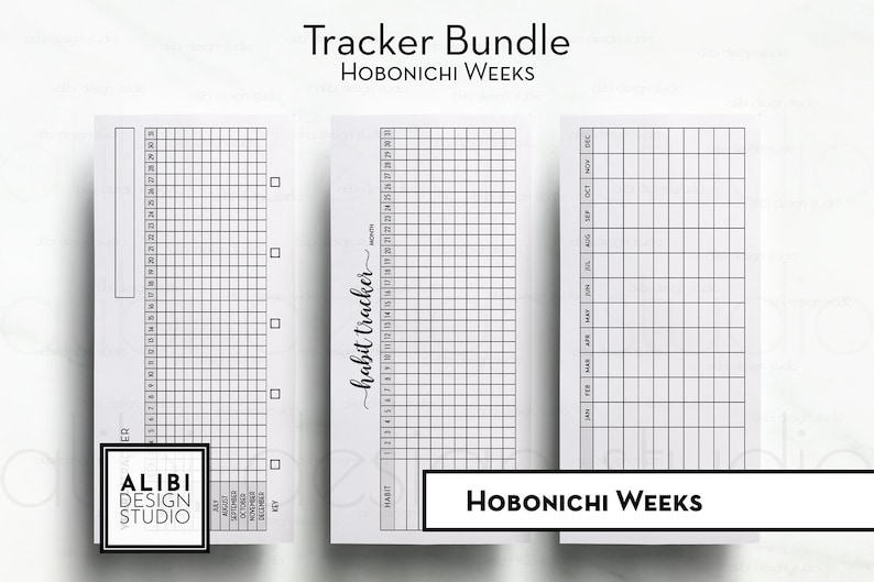 May include: A printable tracker bundle for Hobonichi Weeks planners. The bundle includes three trackers: a blank habit tracker, a monthly habit tracker, and a yearly habit tracker. The trackers are designed to be printed and used in a Hobonichi Weeks planner.