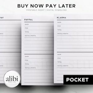 Pocket Sofort-kaufen Bezahlung später Tracker AfterPay Tracker BNPL Zahlungsplaner Ratenzahlung Taschenplaner Druckbare Ausgaben