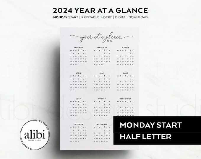 Half Letter 2024 Year at A Glance Dashboard 2024 Calendar Half Letter ...