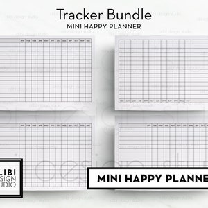 May include: A set of four printable mini happy planner trackers. Each tracker has a grid with months of the year labelled across the top and numbered rows down the side. The text "Tracker Bundle" and "Mini Happy Planner" is printed at the top of the page.