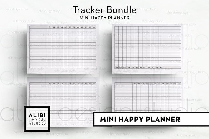 May include: A set of four printable mini happy planner trackers. Each tracker has a grid with months of the year labelled across the top and numbered rows down the side. The text "Tracker Bundle" and "Mini Happy Planner" is printed at the top of the page.