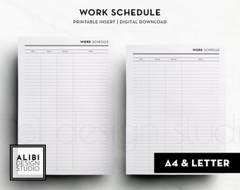 A4 US Letter Work Schedule Time Sheet Log Work Shift Tracker Time Tracker Printable Planner Inserts Work Planner