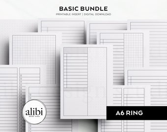 May include: A collection of A6 ring planner printable inserts featuring various layouts including grid, dot grid, lined, and checklist formats. The text BASIC BUNDLE PRINTABLE INSERT DIGITAL DOWNLOAD and A6 RING is visible on the white pages.