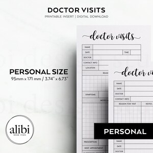 May include: Printable doctor visit log pages in black and white with a grid pattern. The pages are designed for personal size planners and measure 95mm by 171mm. The text on the page reads "doctor visits".