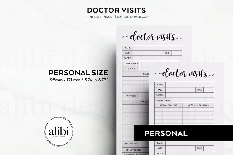May include: Printable doctor visit log pages in black and white with a grid pattern. The pages are designed for personal size planners and measure 95mm by 171mm. The text on the page reads "doctor visits".