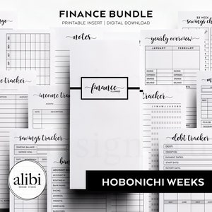 May include: Printable finance tracker pages for a Hobonichi Weeks planner. The pages include a money challenge, expense tracker, income tracker, savings tracker, bank account log, yearly overview, monthly budget, and debt tracker.