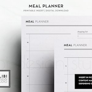 K&ouml;nnte beinhalten: Ein druckbarer Meal Planner-Einsatz mit einem w&ouml;chentlichen Raster zur Planung von Mahlzeiten und einem Abschnitt f&uuml;r eine Einkaufsliste. Der Text "MEAL PLANNER" erscheint oben auf der Seite und in der Mitte der Seite. Der Text "shopping list" erscheint in der oberen rechten Ecke der Seite. Der Text "INSERT IN PICTURE: A5 RING. CONTENT MAY SLIGHTLY VARY DEPENDING ON SIZE" erscheint in der unteren rechten Ecke der Seite.