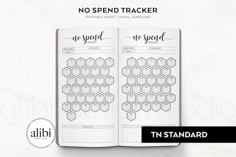 May include: A printable no-spend tracker for a traveler's notebook. The tracker has two pages with a honeycomb design for each month. The pages are labeled "no spend tracker" and have sections for start date, end date, and goal.