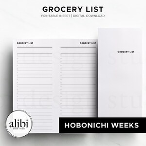 May include: A white printable grocery list insert for a Hobonichi Weeks planner. The document features two columns with horizontal lines and checkboxes, labeled GROCERY LIST at the top. A circular logo for alibi design studio is visible.