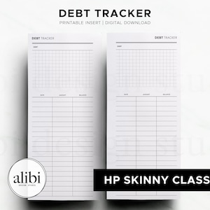 K&ouml;nnte beinhalten: Ein wei&szlig;er, ausdruckbarer Schulden-Tracker mit schwarzem Text und Rasterlinien. Die Kopfzeile enth&auml;lt DEBT TRACKER, PRINTABLE INSERT | DIGITAL DOWNLOAD und HP SKINNY CLASSIC. Das Layout umfasst Spalten f&uuml;r Datum, Betrag und Kontostand.