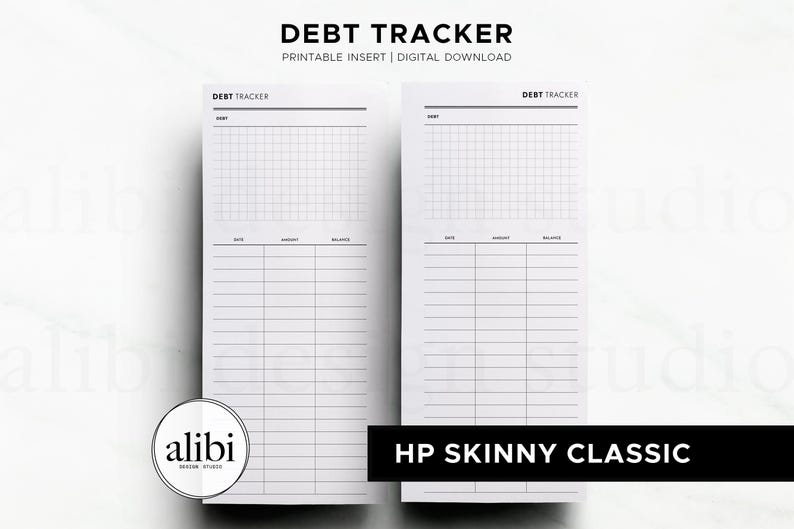 K&ouml;nnte beinhalten: Ein wei&szlig;er, ausdruckbarer Schulden-Tracker mit schwarzem Text und Rasterlinien. Die Kopfzeile enth&auml;lt DEBT TRACKER, PRINTABLE INSERT | DIGITAL DOWNLOAD und HP SKINNY CLASSIC. Das Layout umfasst Spalten f&uuml;r Datum, Betrag und Kontostand.