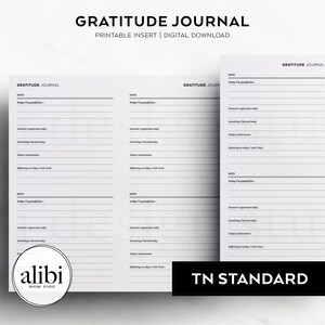 May include: A printable gratitude journal insert for a traveller's notebook. The journal has a simple design with lines for writing and the text "GRATITUDE JOURNAL" at the top.