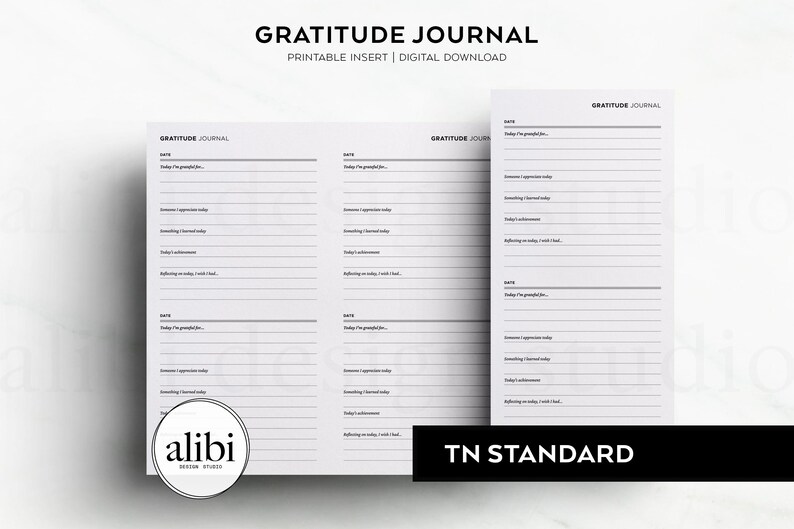 May include: A printable gratitude journal insert for a traveller's notebook. The journal has a simple design with lines for writing and the text "GRATITUDE JOURNAL" at the top.