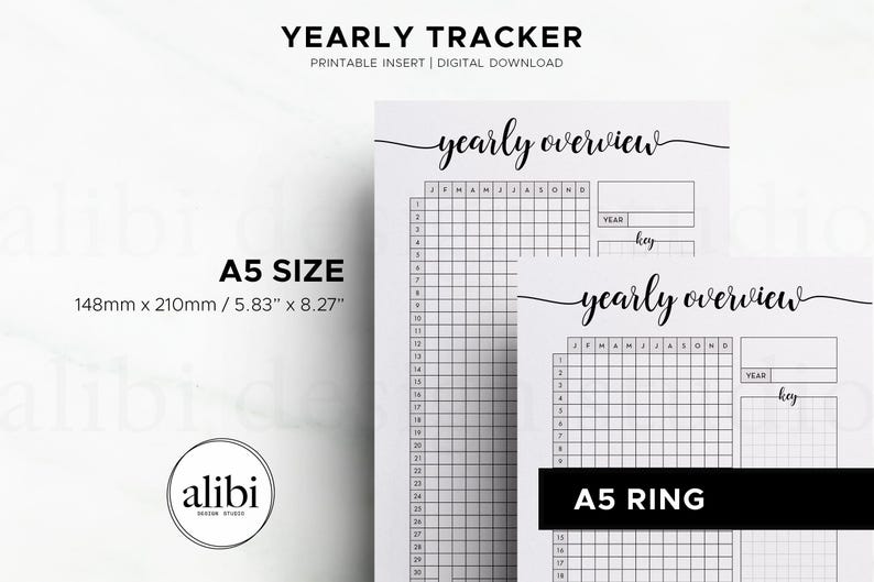 May include: A5 size yearly tracker printable insert with the text "YEARLY TRACKER" and "yearly overview". The insert measures 5.83" x 8.27" and includes a grid for tracking. The design is minimalist with a handwritten font.