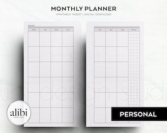 Planificador mensual personal Mes en 2 páginas Mes de un vistazo Insertos imprimibles para planificador personal Planificador estudiantil - Mo2P
