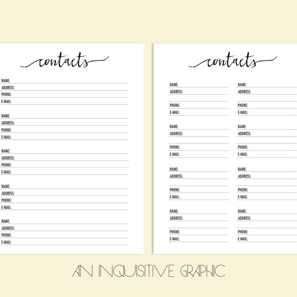 Contact Page, A5 Planner Inserts, Contacts Planner, Printable Planner, Address Book, Address planner, Contact Tracker, A5 Planner