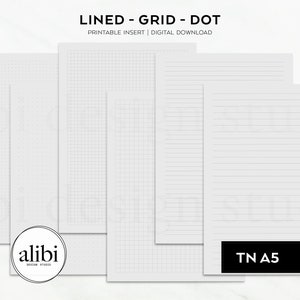 以下が含まれることがあります： A5ノート用の印刷可能なインサート4枚：罫線、方眼、ドット方眼、無地。インサートは白で、グレーの線、グリッド、またはドットが描かれています。右下に「TN A5」の文字があります。