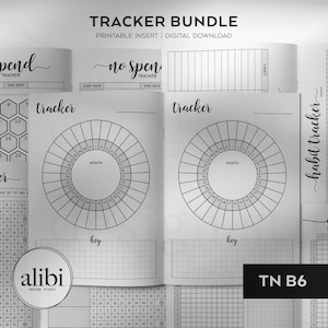 May include: A black and white printable tracker bundle featuring various planning pages. The sheets include a no spend tracker with hexagonal grids, circular monthly trackers, habit trackers with grids, and a yearly overview. Text includes TRACKER BUNDLE, no spend tracker, habit tracker, yearly overview, and alibi design studio.