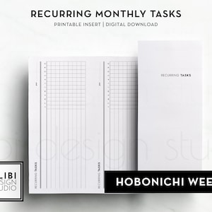 May include: Printable monthly task tracker insert for Hobonichi Weeks planners. The insert has two pages with a grid layout for listing recurring tasks.