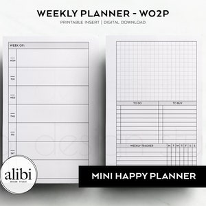 Könnte beinhalten: Ein druckbarer Wochenplaner-Einsatz mit einem karierten Bereich für To-Do-Listen, eine Einkaufsliste und einen Wochen-Tracker. Der Planer enthält auch einen Bereich für die tägliche Planung mit den Wochentagen: Montag, Dienstag, Mittwoch, Donnerstag, Freitag, Samstag und Sonntag. Der Text "WEEKLY PLANNER - WO2P" und "MINI HAPPY PLANNER" ist auf der Seite gedruckt.