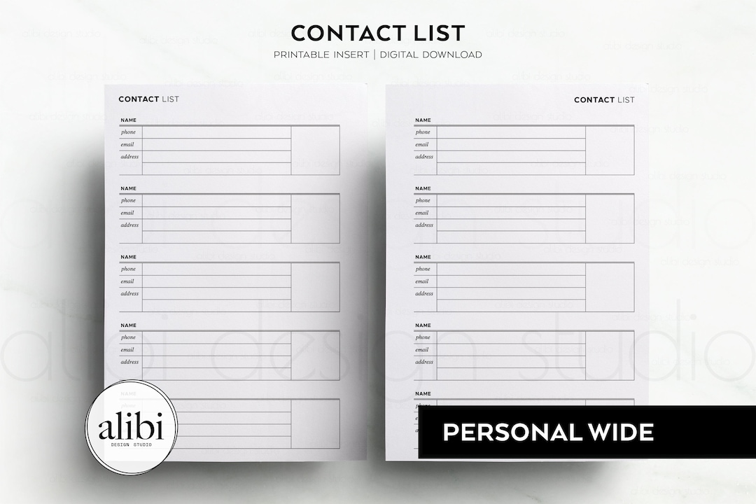 Personal WIDE Contact List Planner Inserts Contact Information Address ...