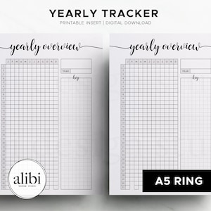 May include: Two white printable yearly tracker inserts with a grid layout for tracking goals. The top of each page has the words "yearly overview" in cursive. The bottom left has a logo that says "alibi design studio" and the bottom right says "A5 RING".