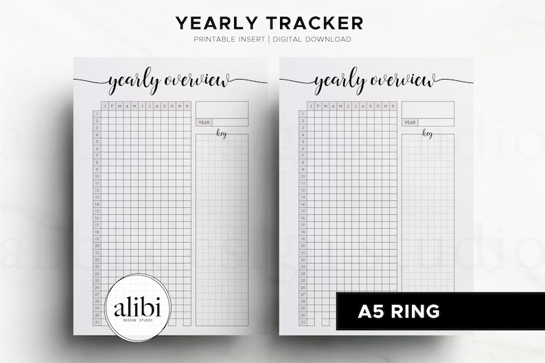May include: Two white printable yearly tracker inserts with a grid layout for tracking goals. The top of each page has the words "yearly overview" in cursive. The bottom left has a logo that says "alibi design studio" and the bottom right says "A5 RING".