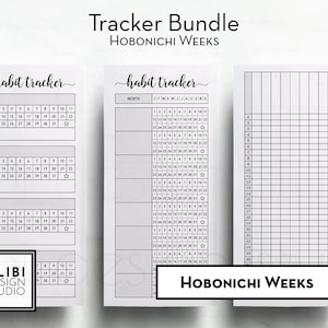 May include: A printable habit tracker bundle for Hobonichi Weeks planners. The bundle includes three pages: a monthly habit tracker, a daily habit tracker, and a blank grid page.