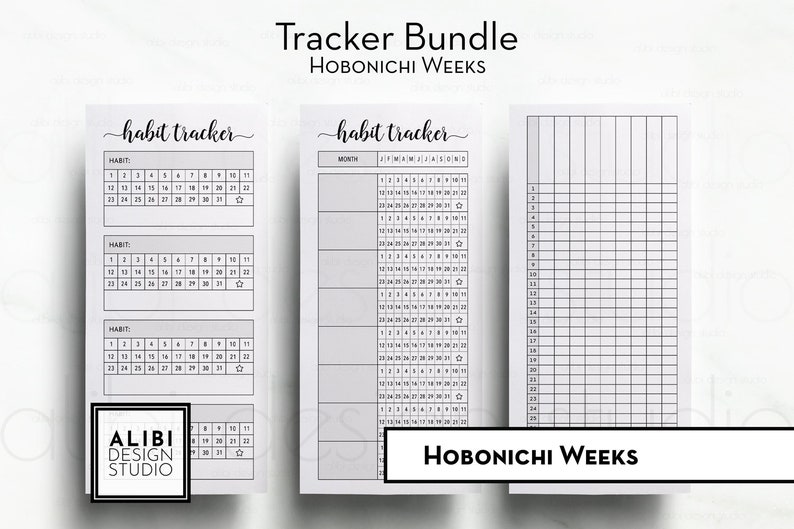 May include: A printable habit tracker bundle for Hobonichi Weeks planners. The bundle includes three pages: a monthly habit tracker, a daily habit tracker, and a blank grid page.