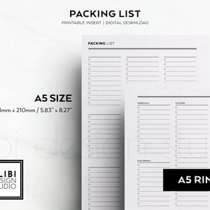 Lista de empaque A5 Planificador de viajes Lista de empaque para vacaciones Lista de verificación de vacaciones Lista de viajes Insertos de planificador imprimibles A5