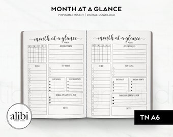 A6 TN Monthly Planner Month at a Glance Monthly Overview A6 Traveler's Notebook Printable Inserts Refill