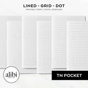 Puede incluir: Cinco insertos de cuaderno imprimibles para un cuaderno de viaje. Los insertos son rayados, cuadriculados, punteados, rayados y cuadriculados. Los insertos son todos blancos y tienen líneas negras. El texto "TN POCKET" está en la parte inferior de la imagen.