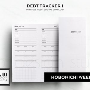 Könnte beinhalten: Ein weißer, druckbarer Schulden-Tracker-Einsatz mit dem Text "DEBT TRACKER I" und "PRINTABLE INSERT | DIGITAL DOWNLOAD". Das Design umfasst Abschnitte für Schulden, Gläubiger, Zahlungstermine und einen monatlichen Überblick. Der Text "HOBONICHI WEEKS" ist ebenfalls sichtbar.