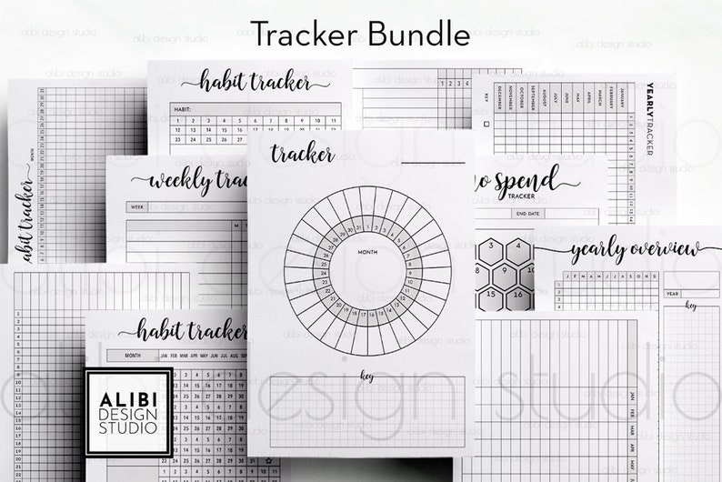 May include: A black and white printable tracker bundle with pages for habit tracking, weekly planning, monthly goal setting, and yearly overview. The pages include grids, calendars, and a circle chart.