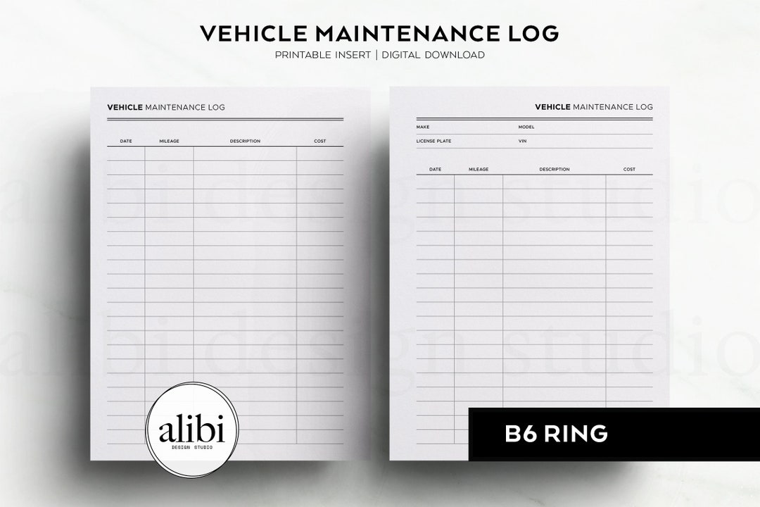 B6 Rings Printable Vehicle Maintenance Log B6 Printable Planner Inserts ...