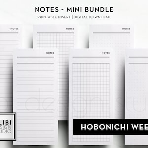 May include: A set of five printable note pages for a Hobonichi Weeks planner. The pages are lined, gridded, and dotted. The pages are labeled "Notes".