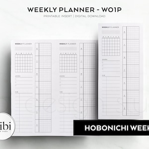 May include: Printable weekly planner insert for a Hobonichi Weeks planner. The planner has a grid layout with space for daily tasks and notes. The text "WEEKLY PLANNER - WO1P" and "HOBONICHI WEEKS" is printed on the page.
