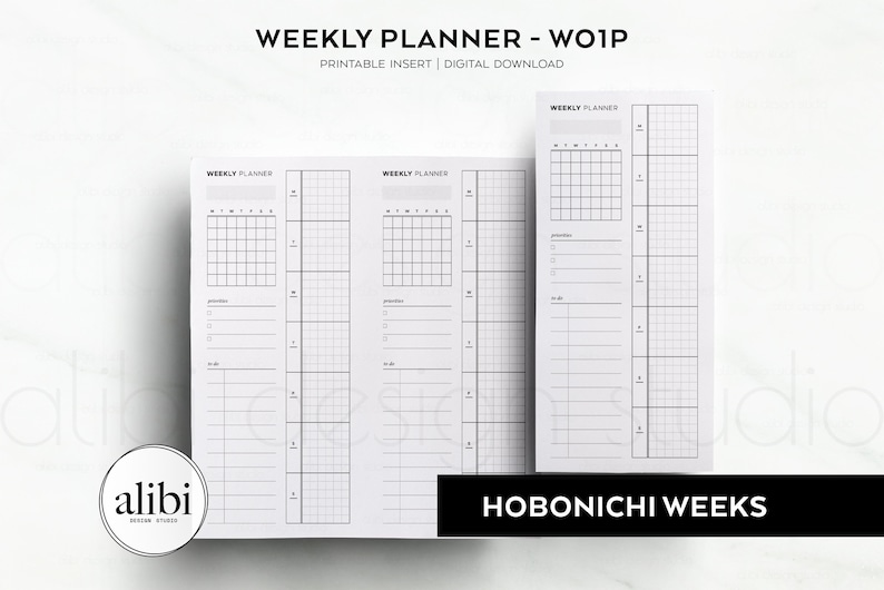 May include: Printable weekly planner insert for a Hobonichi Weeks planner. The planner has a grid layout with space for daily tasks and notes. The text "WEEKLY PLANNER - WO1P" and "HOBONICHI WEEKS" is printed on the page.