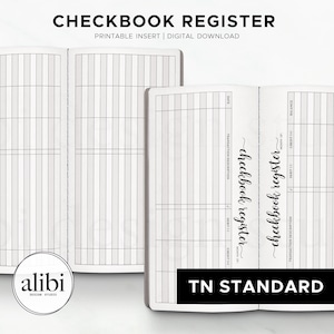 May include: A printable checkbook register digital download featuring two open booklets with black and white grid layouts. The pages include columns for date, transaction description, debit, credit, and balance. Text reads CHECKBOOK REGISTER.