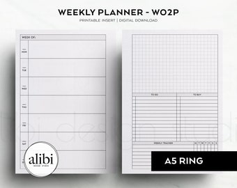 May include: A white weekly planner insert with the text "WEEKLY PLANNER - WO2P" and "A5 RING". The planner includes sections for each day of the week, a to-do list, and a section to track purchases.