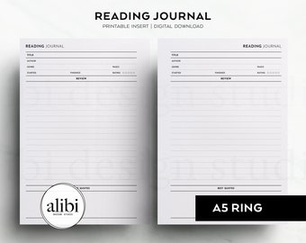 A5 Reading Journal Book Review A5 Printable Planner Inserts Book List Reading Log Reading List Tracker Reading Planner